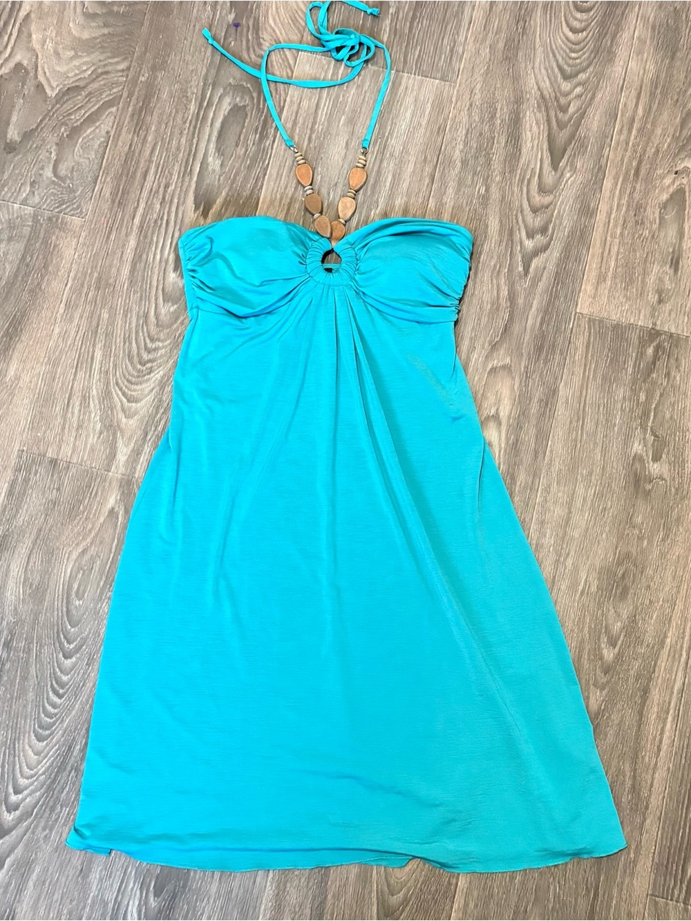 Y2K Iz Byer turquoise halter dress with wooden detail